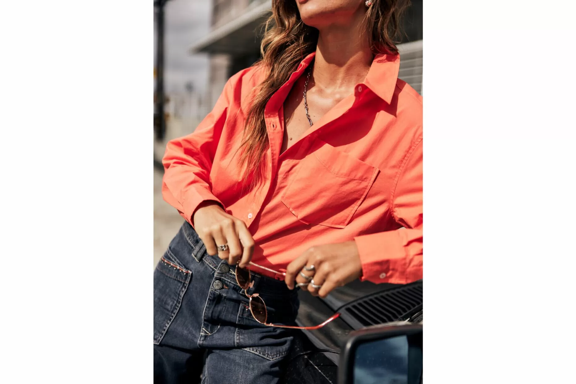 Freeman T Porter Chella Plain Color Cotton Shirt Pocket Woman, Hot Coral Cheap