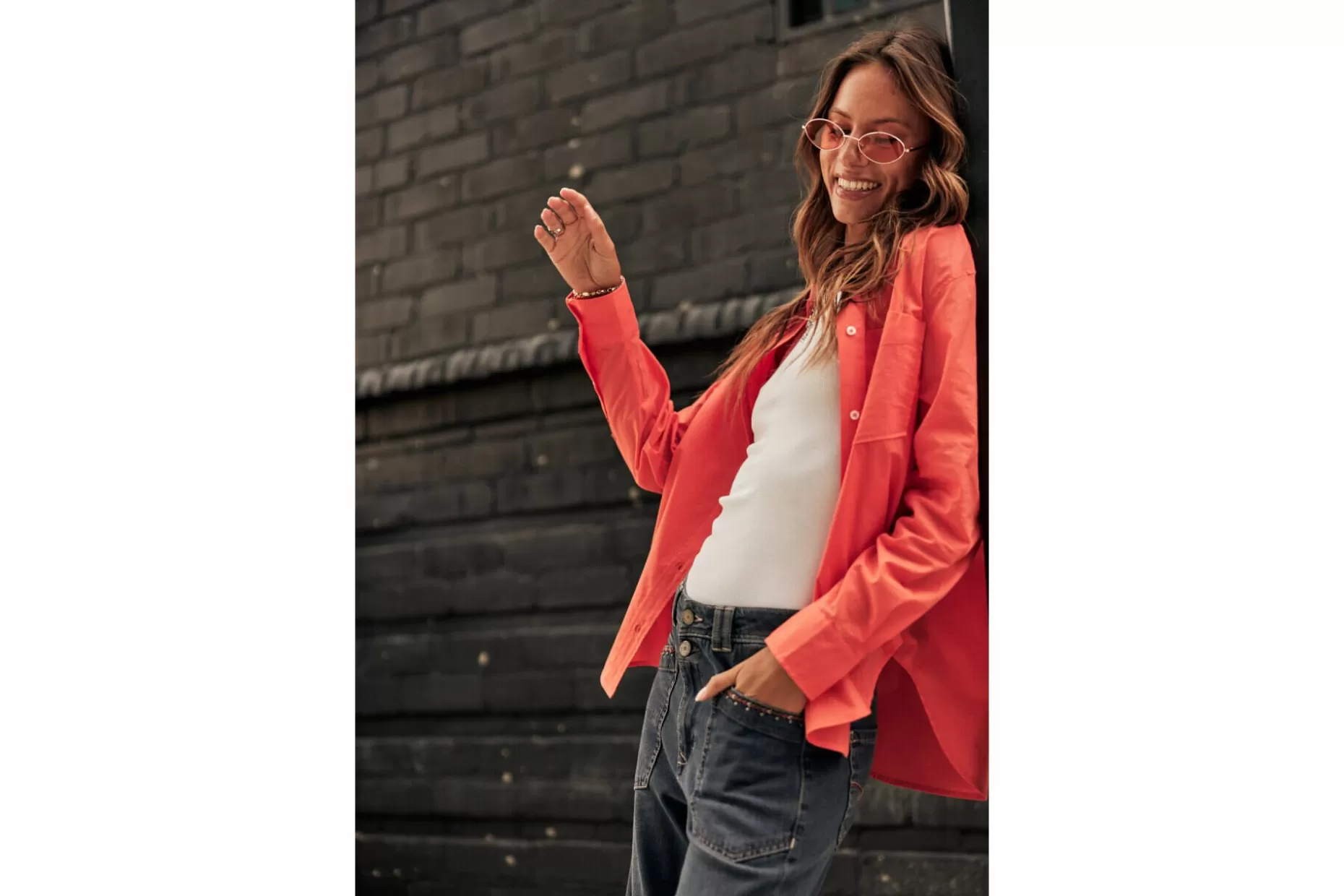 Freeman T Porter Chella Plain Color Cotton Shirt Pocket Woman, Hot Coral Cheap