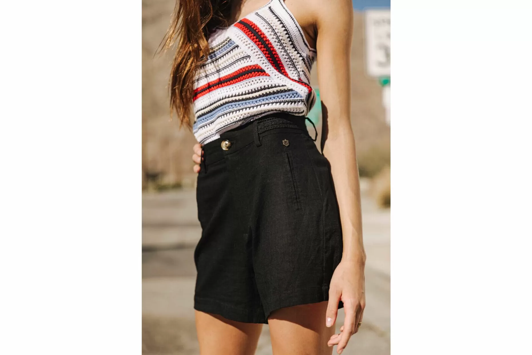 Freeman T Porter Flavie Plain Linen Straight Shorts Woman, Black Outlet