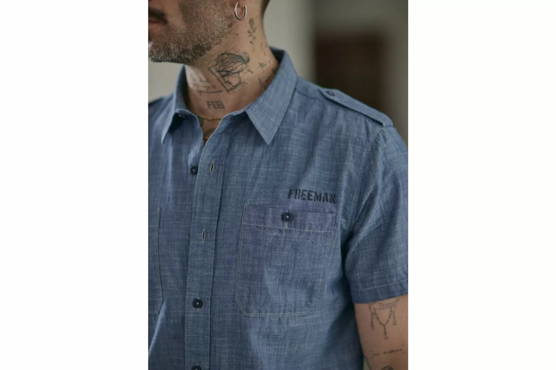 Freeman T Porter Glenn Denim Short Sleeve Shirt Man, Shoal Ocean Outlet