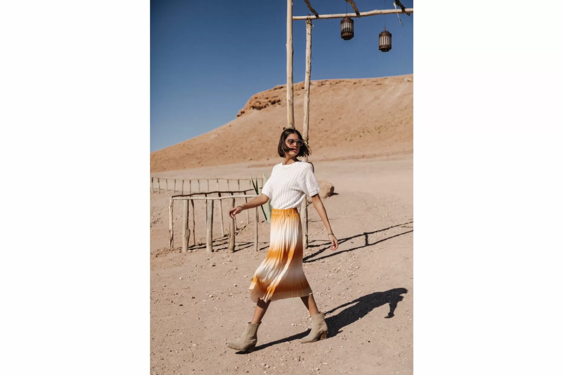 Freeman T Porter Jeelyne Tie & Dye Pleated Midi Skirt Woman, Cadmium Yellow Fashion