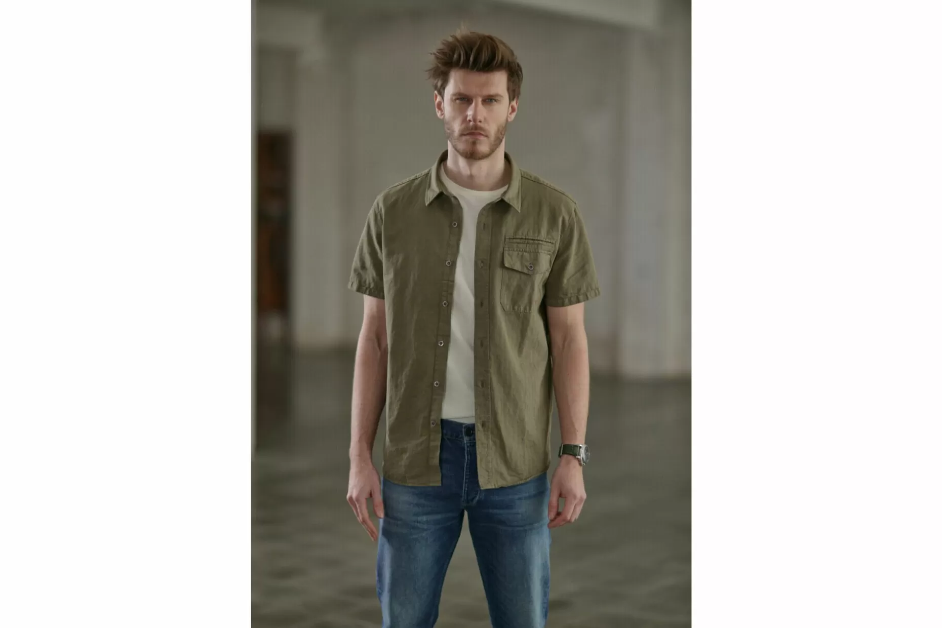 Freeman T Porter Joshua Washed Linen Short Sleeve Shirt Man, Dusty Olive Hot