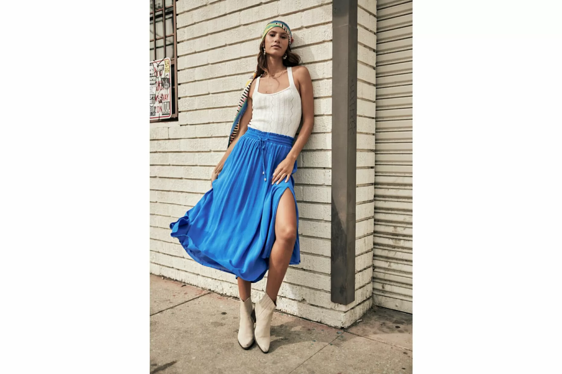 Freeman T Porter Joya Plain Color Long Slit Skirt Woman, French Blue Clearance
