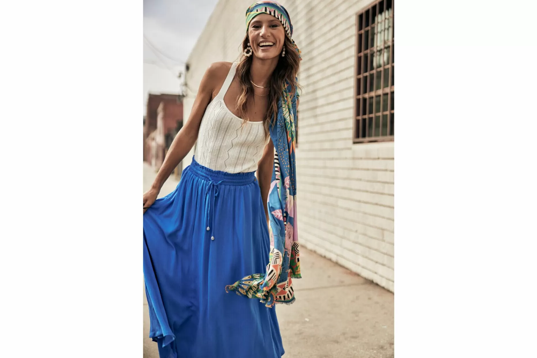 Freeman T Porter Joya Plain Color Long Slit Skirt Woman, French Blue Clearance