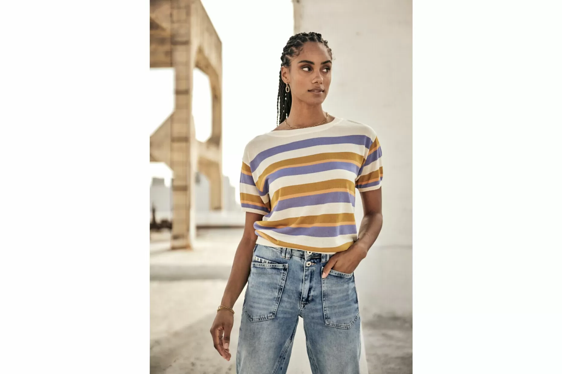 Freeman T Porter Pelona Stripes Straight Sweater Woman, Creme New