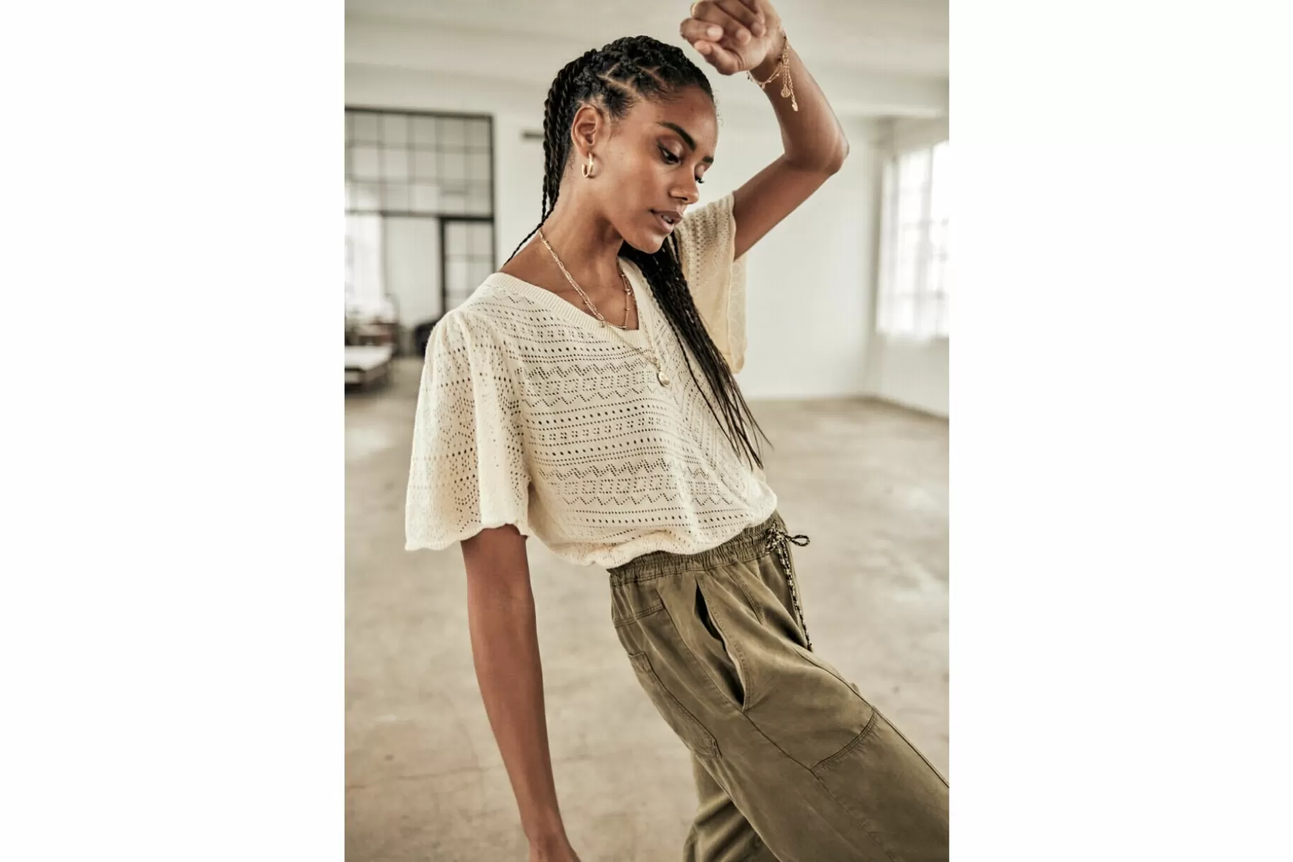 Freeman T Porter Posie Openwork Short Sleeve Sweater Woman, Birch Fashion