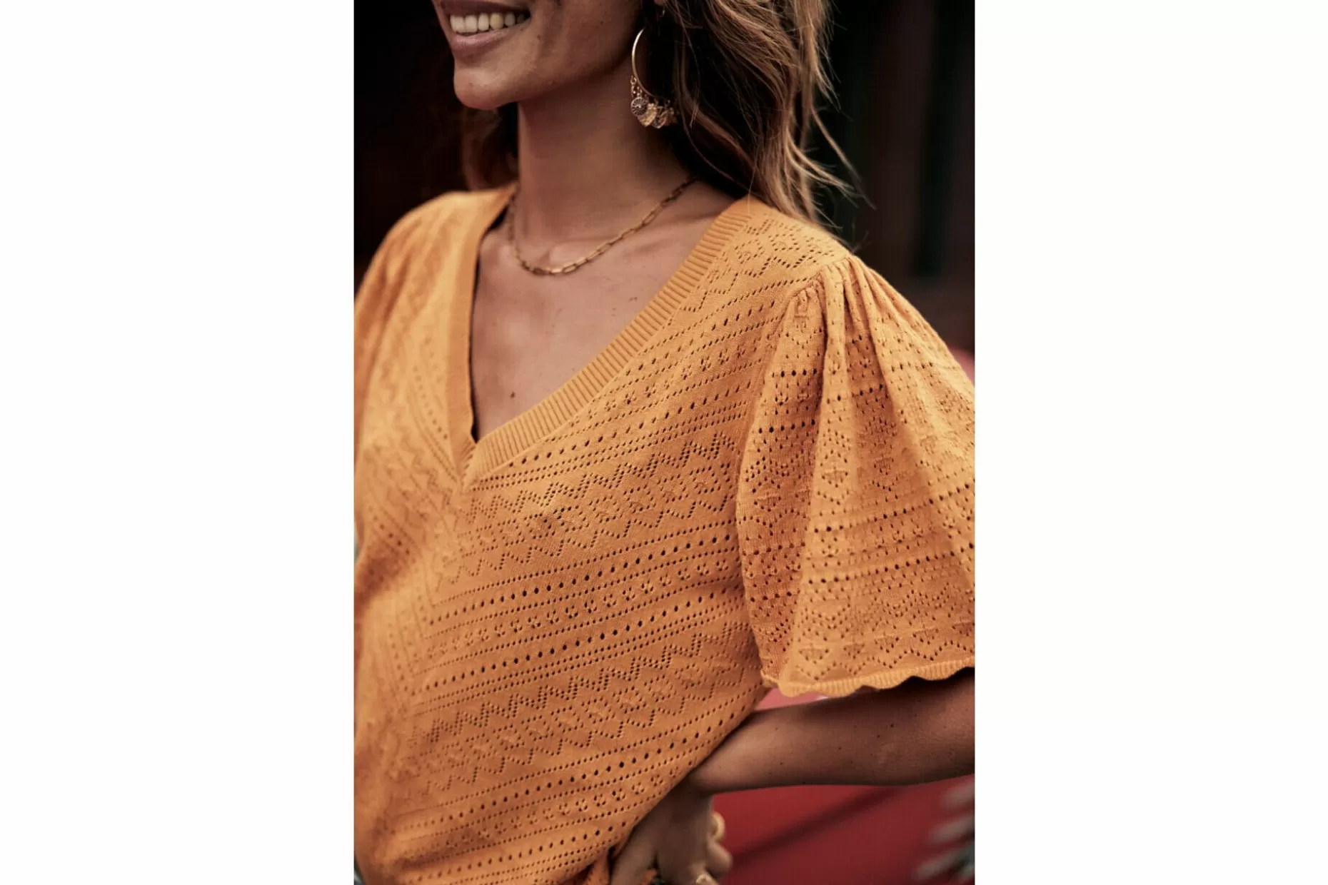 Freeman T Porter Posie Openwork Short Sleeve Sweater Woman, Inca Gold Best