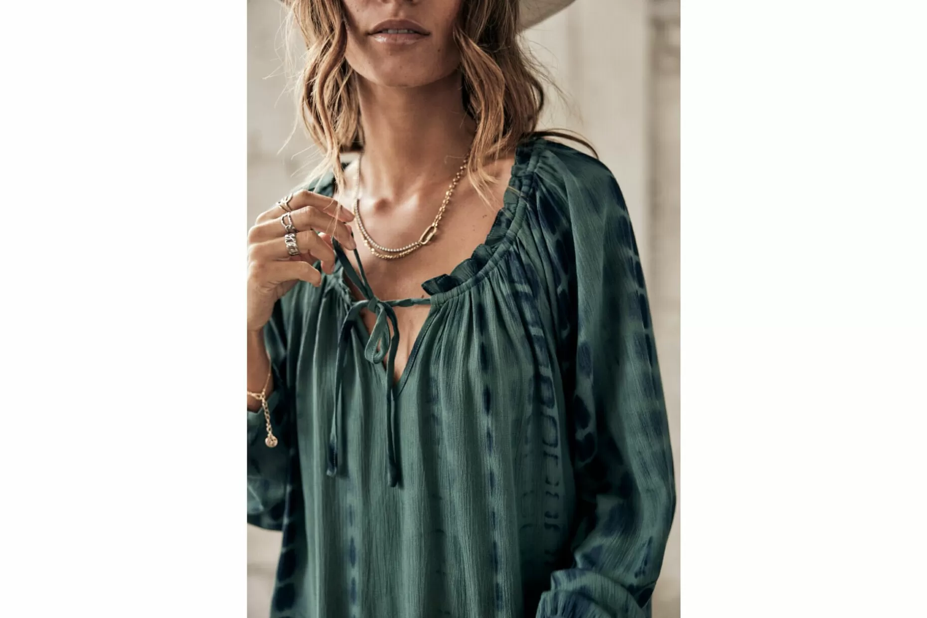 Freeman T Porter Talma Tie & Dye Loose Blouse Long Sleeves Woman, Mallard Green Online