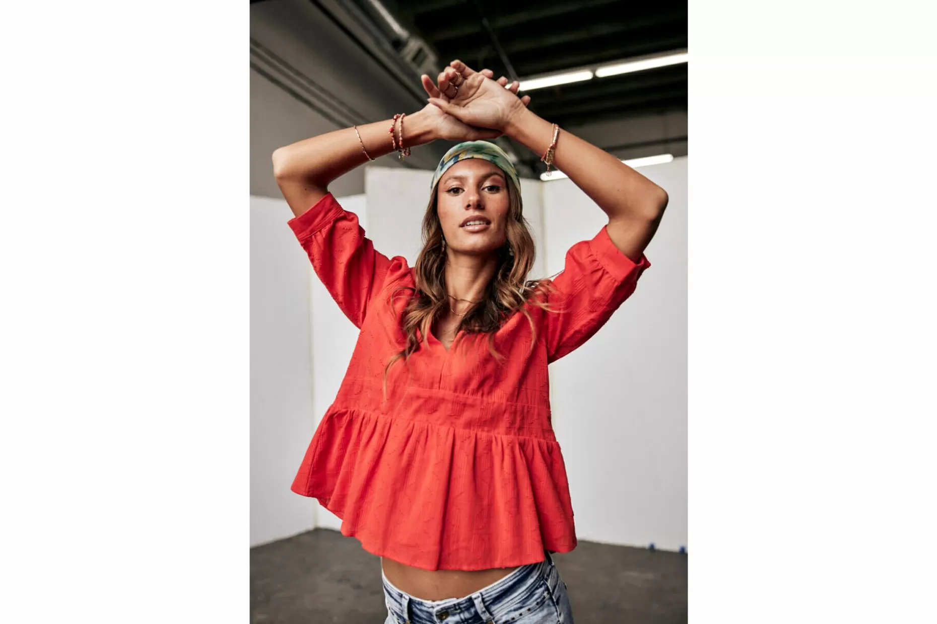 Freeman T Porter Telinda Plain Color Loose Blouse Woman, Fiesta Red Fashion
