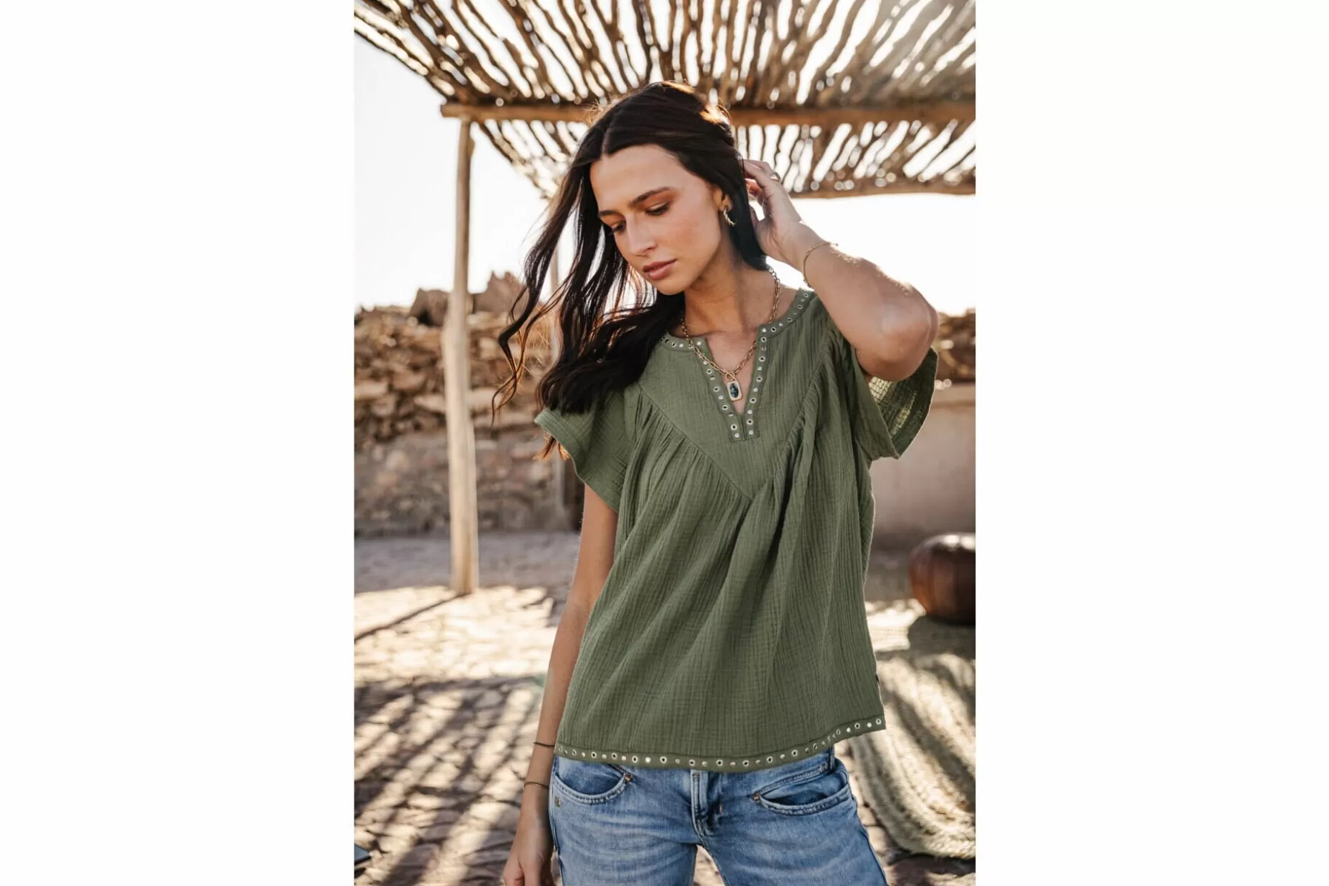 Freeman T Porter Tillie Plain Color Loose Top Woman, Olivine Shop