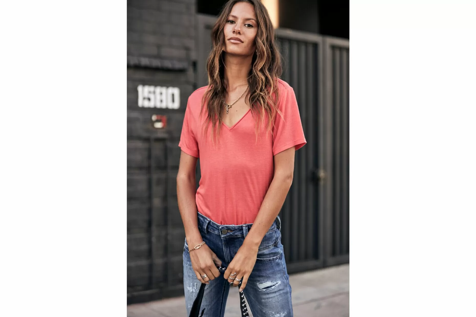 Freeman T Porter Tobby Fancy V-Neck T-Shirt Woman, Hot Coral New